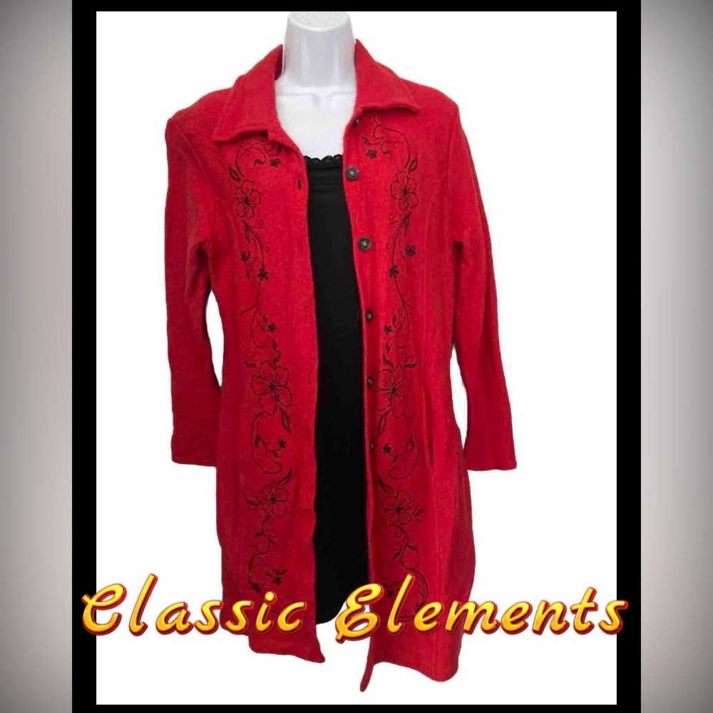 Vintage Classic Elements Red Wool Embroidered Long Cardigan Women’s S *Flaws*